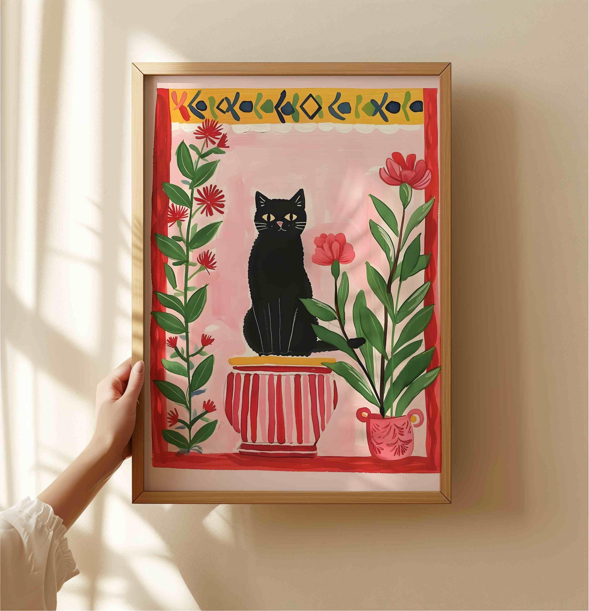 Illustration d'un chat noir dans le jardin – Impression artistique poétique représentant un chat et des fleurs – Décoration murale chaleureuse – Papier de qualité supérieure
