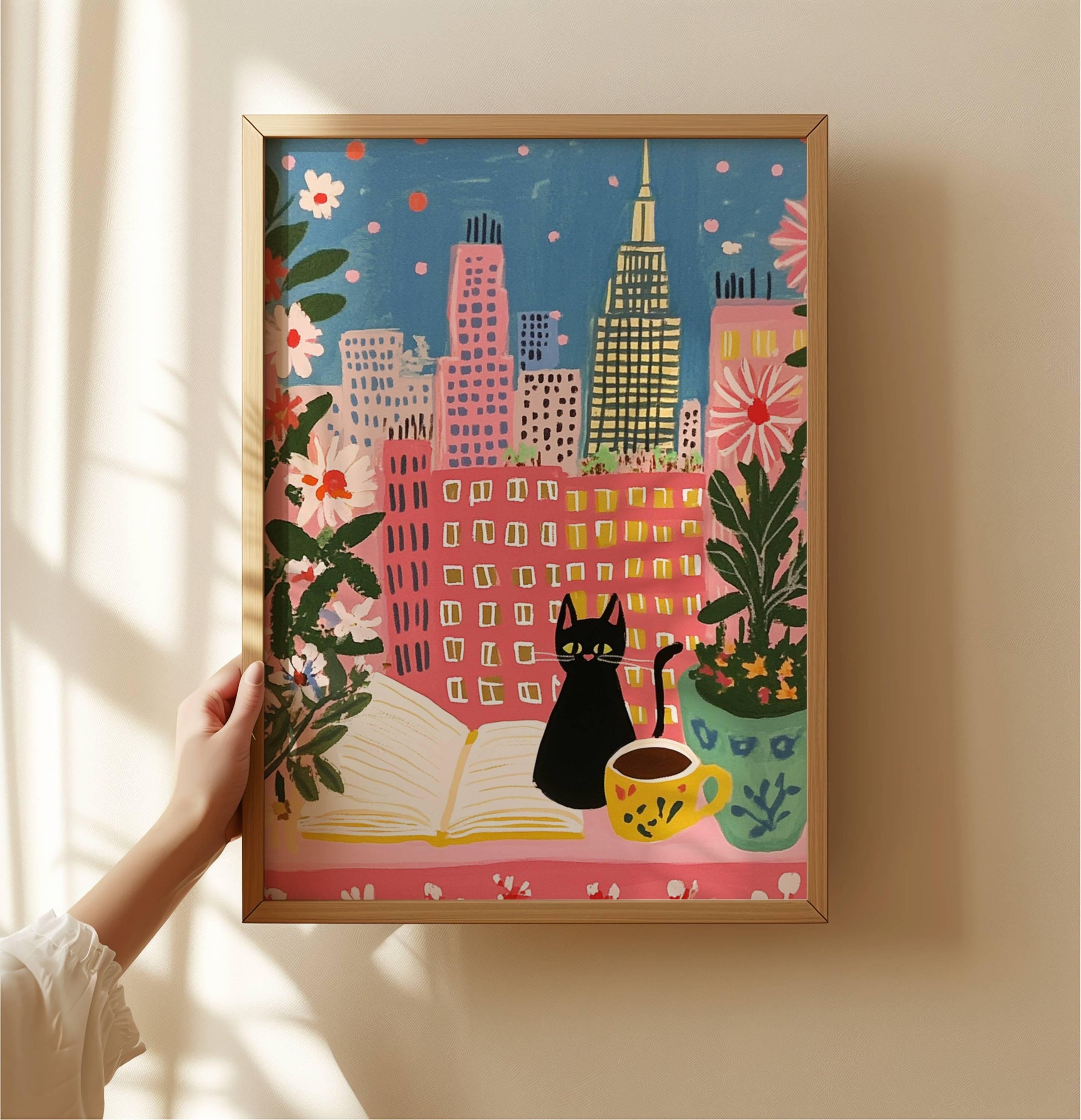 Affiche chat noir à New York – illustration chat noir cosy dans intérieur urbain – art mural vintage poétique – déco murale chambre ou salon