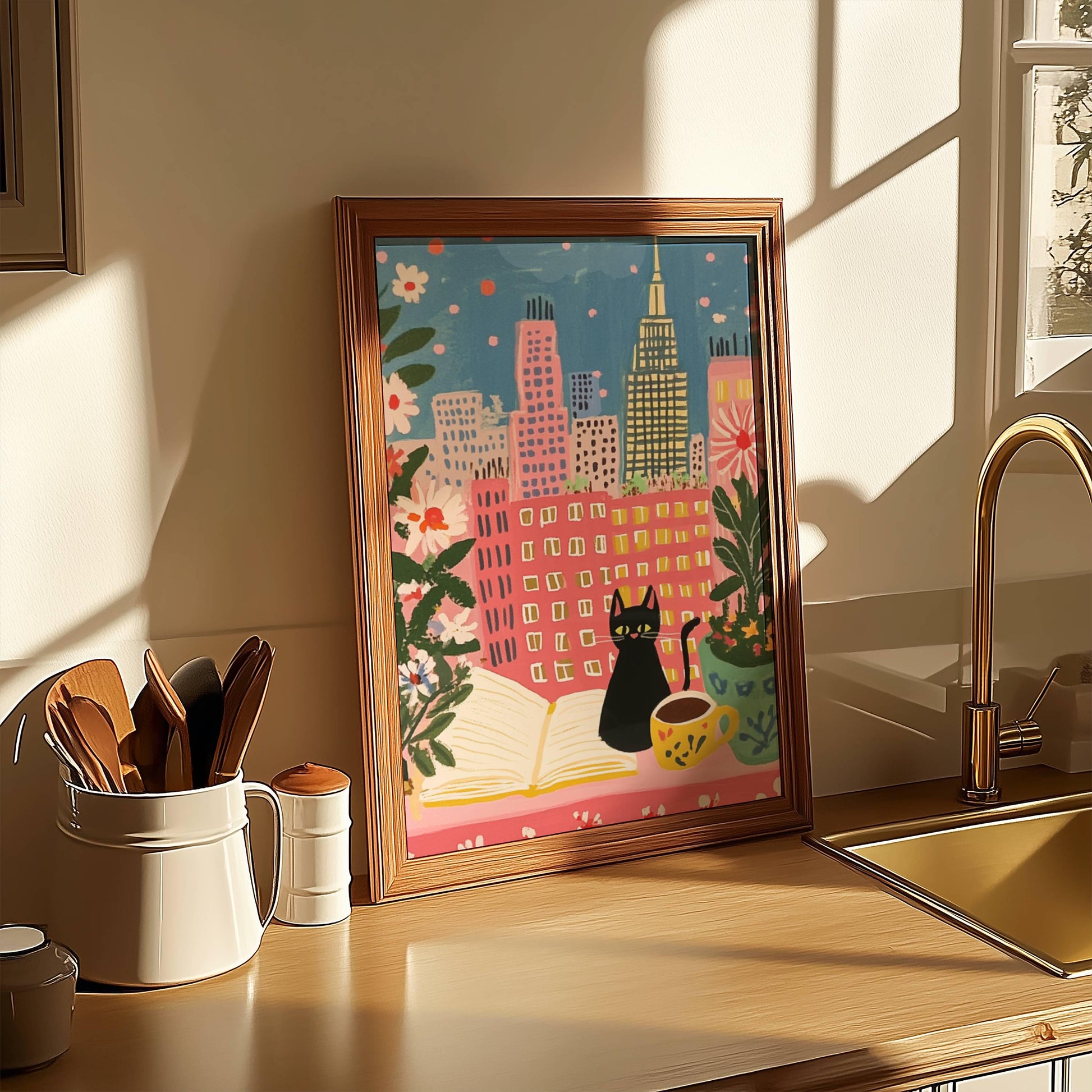 Affiche chat noir à New York – illustration chat noir cosy dans intérieur urbain – art mural vintage poétique – déco murale chambre ou salon