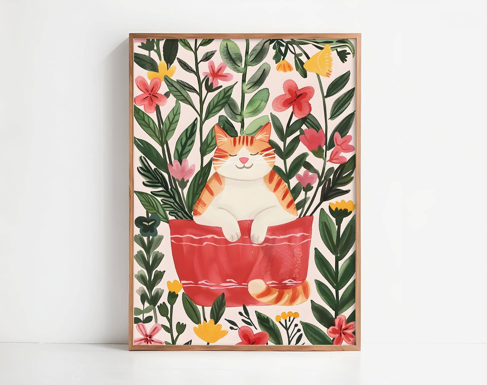 Lot 2 affiches chat roux et fleurs – duo d’illustrations poétiques vintage – art mural floral cosy – déco murale chambre ou salon