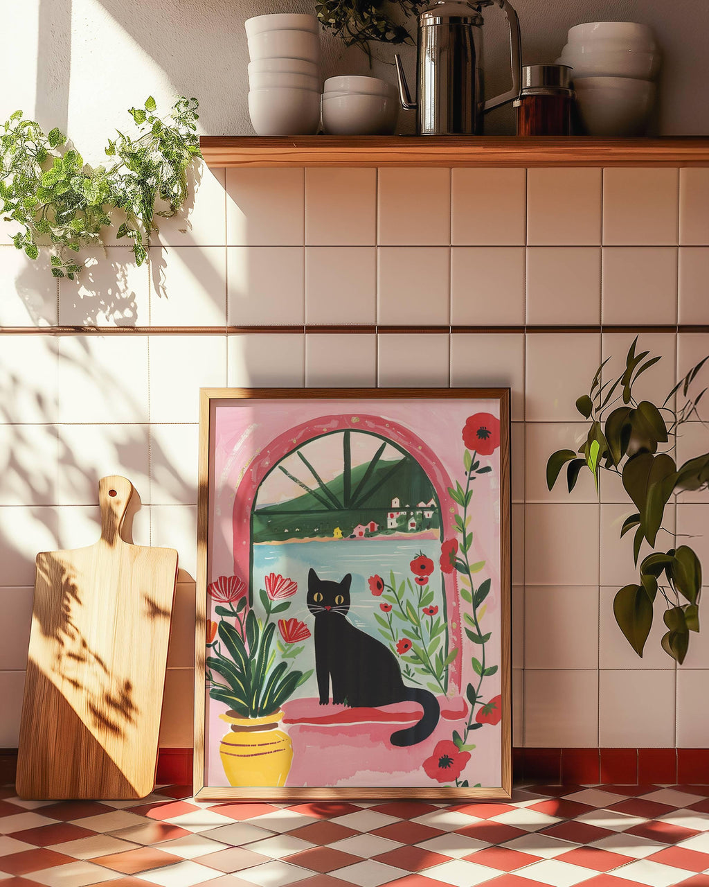 Affiche chat noir et coquelicots – illustration poétique florale – déco murale chambre ou salon - idée cadeau amoureux des chats