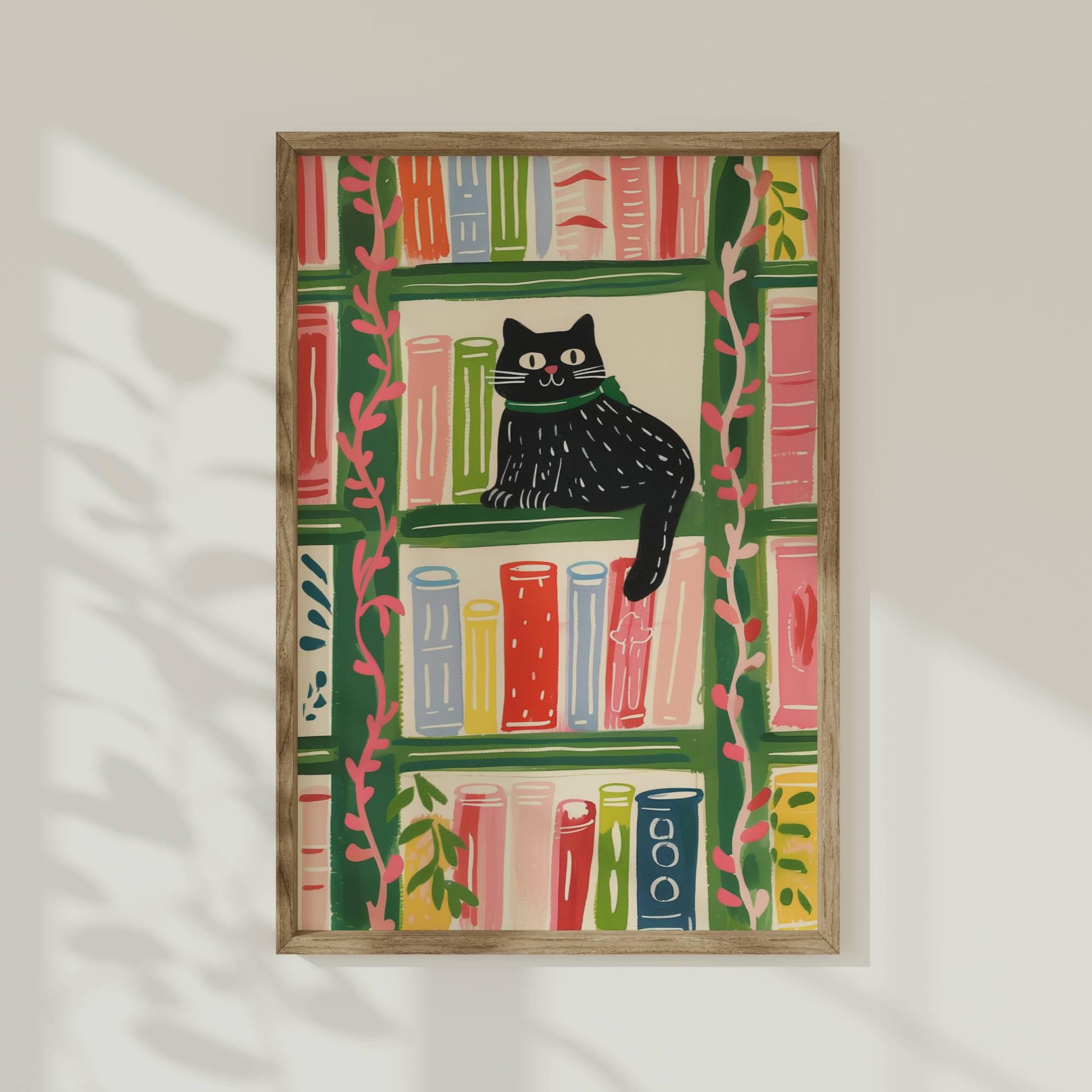 Affiche chat noir sur la bibliothèque – illustration colorée et cosy – déco murale chat et bibliothèque vintage - idée cadeau fête des mères