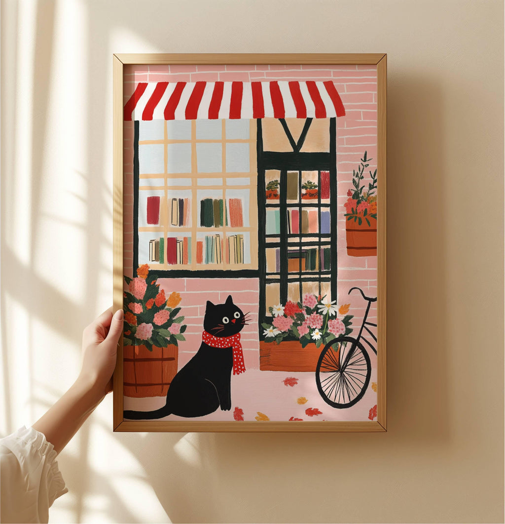Illustration chat noir – Affiche chat noir devant une librairie à Brooklyn – art mural vintage poétique – déco murale chambre ou salon