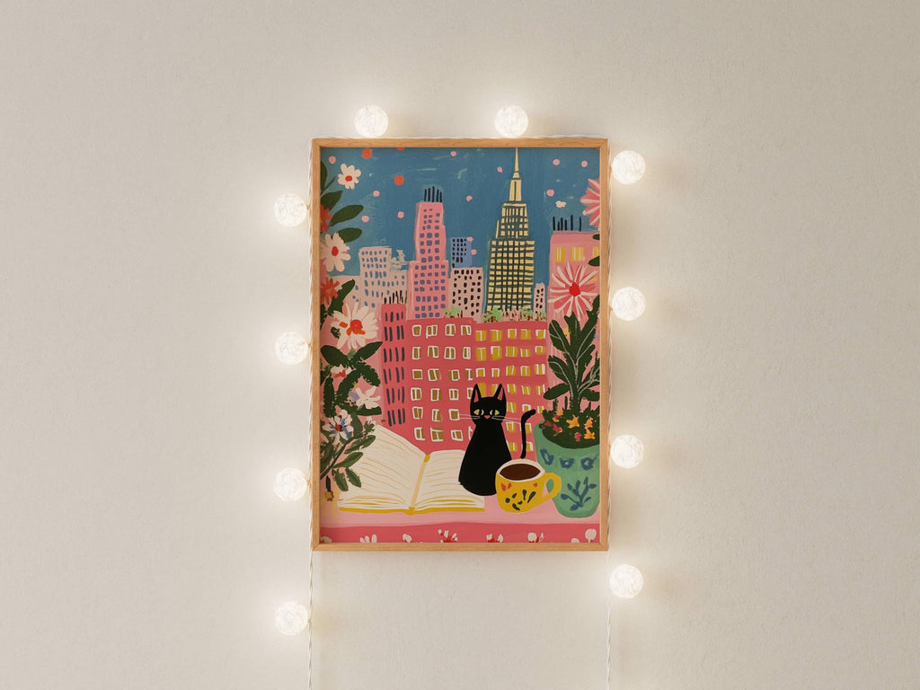 Affiche chat noir à New York – illustration chat noir cosy dans intérieur urbain – art mural vintage poétique – déco murale chambre ou salon