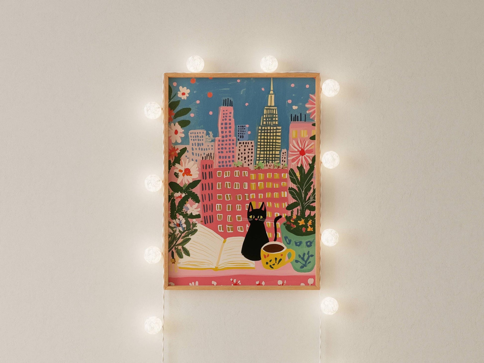 Affiche chat noir à New York – illustration chat noir cosy dans intérieur urbain – art mural vintage poétique – déco murale chambre ou salon