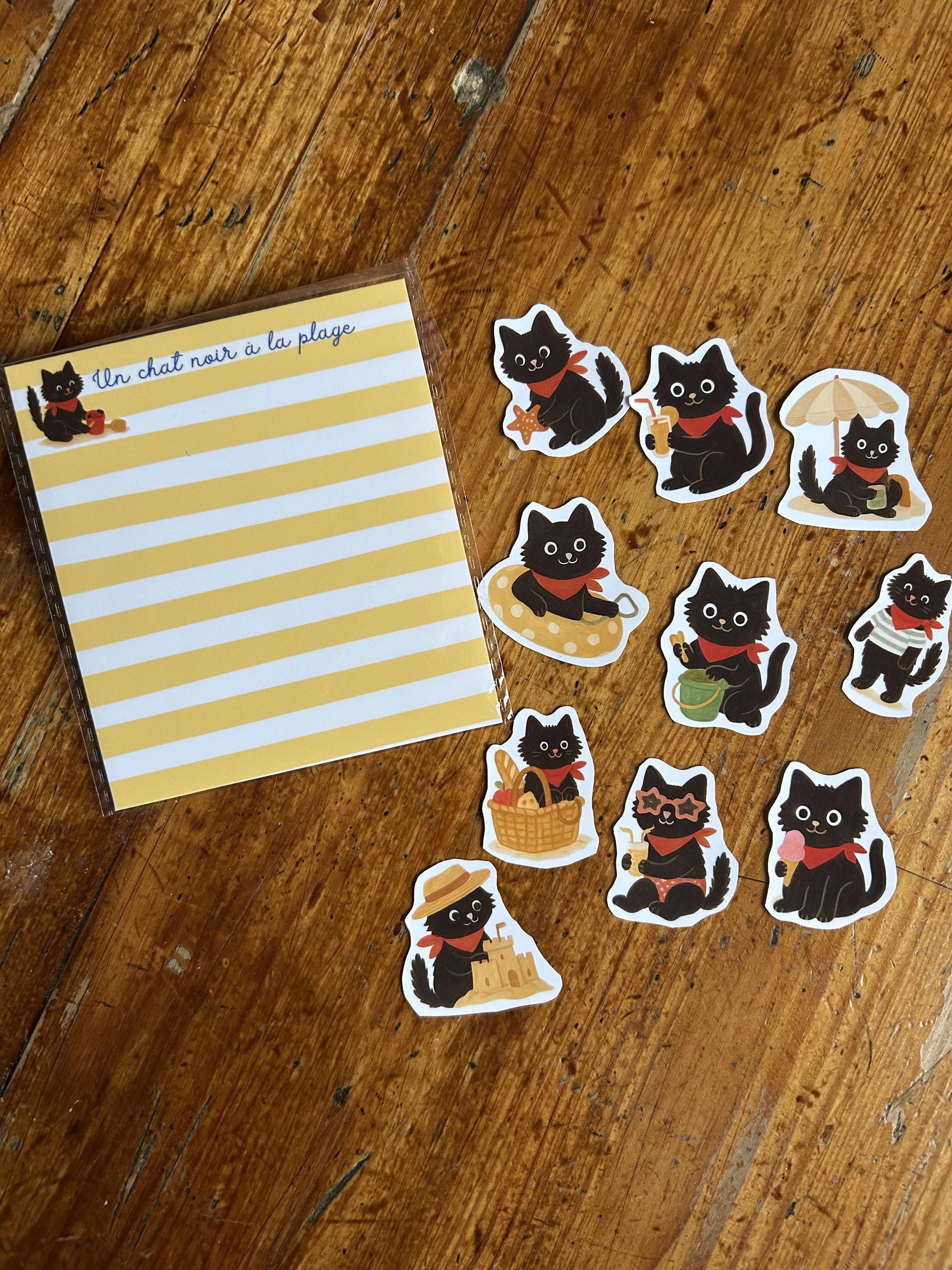 Stickers journaling  "Un chat noir à la plage" - stickers Chat Noir & à la plage – Pack de 10 Stickers vinyle