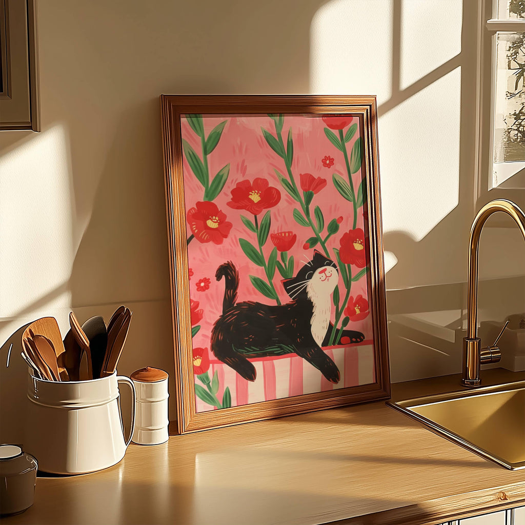 Affiche chat noir – illustration chat noir dans champ de coquelicots – art mural poétique – déco murale chambre ou salon - Papier premium