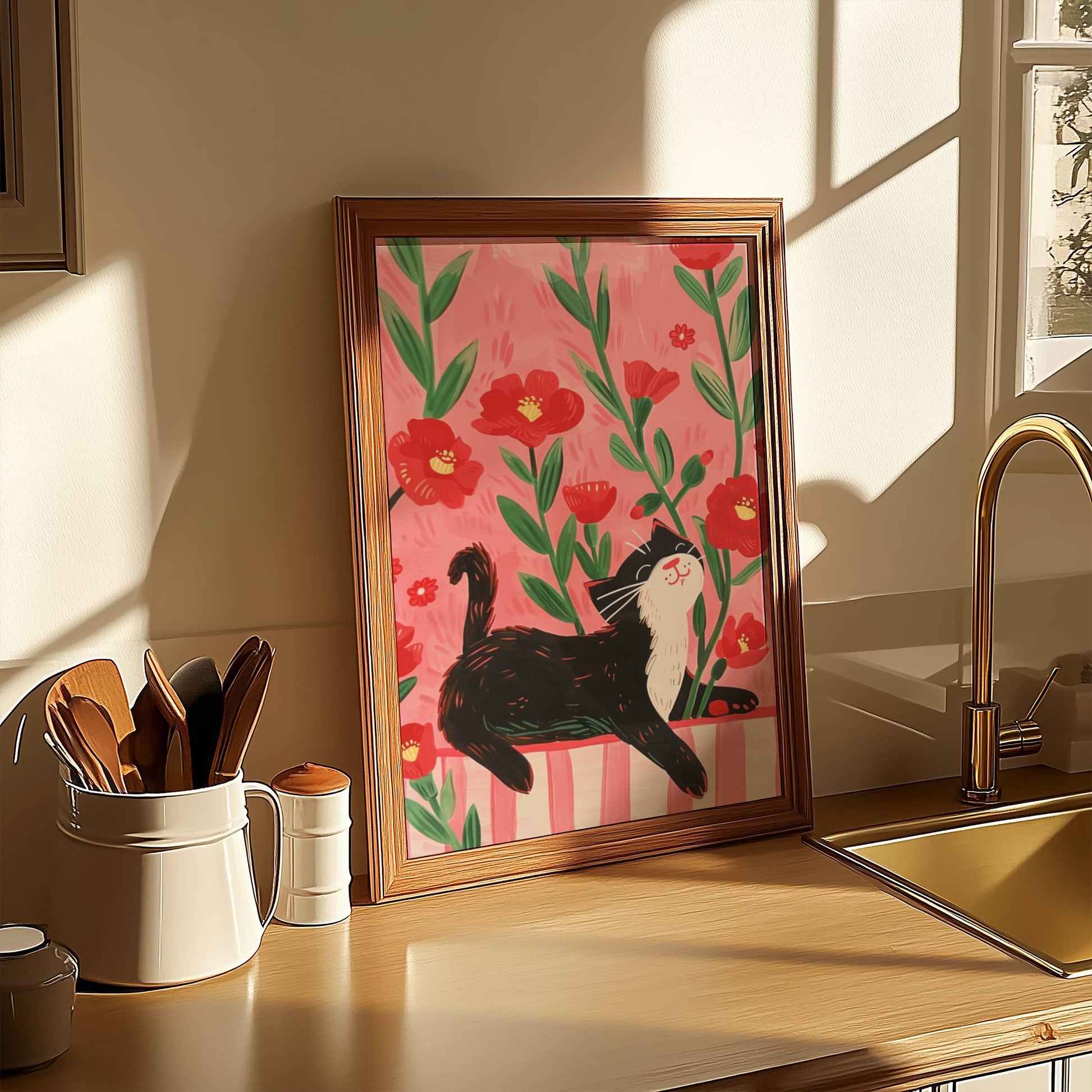 Affiche chat noir – illustration chat noir dans champ de coquelicots – art mural poétique – déco murale chambre ou salon - Papier premium