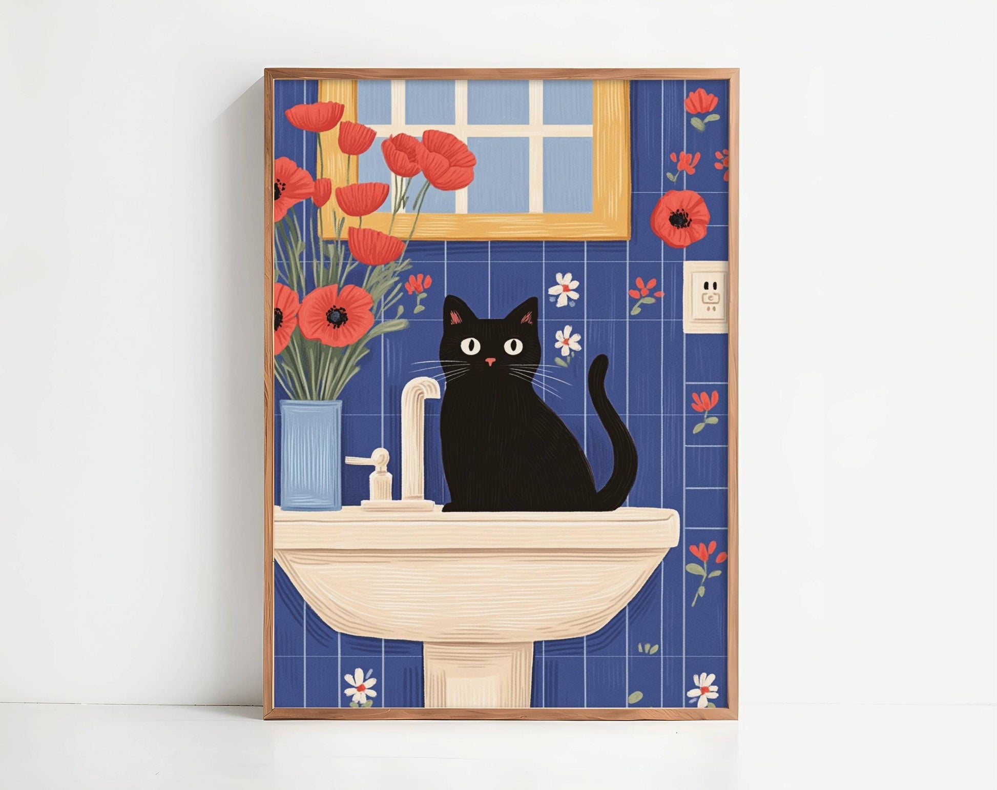Illustration chat noir bain vintage – affiche poétique salle de bain – art mural humoristique – idée cadeau amoureux des chats