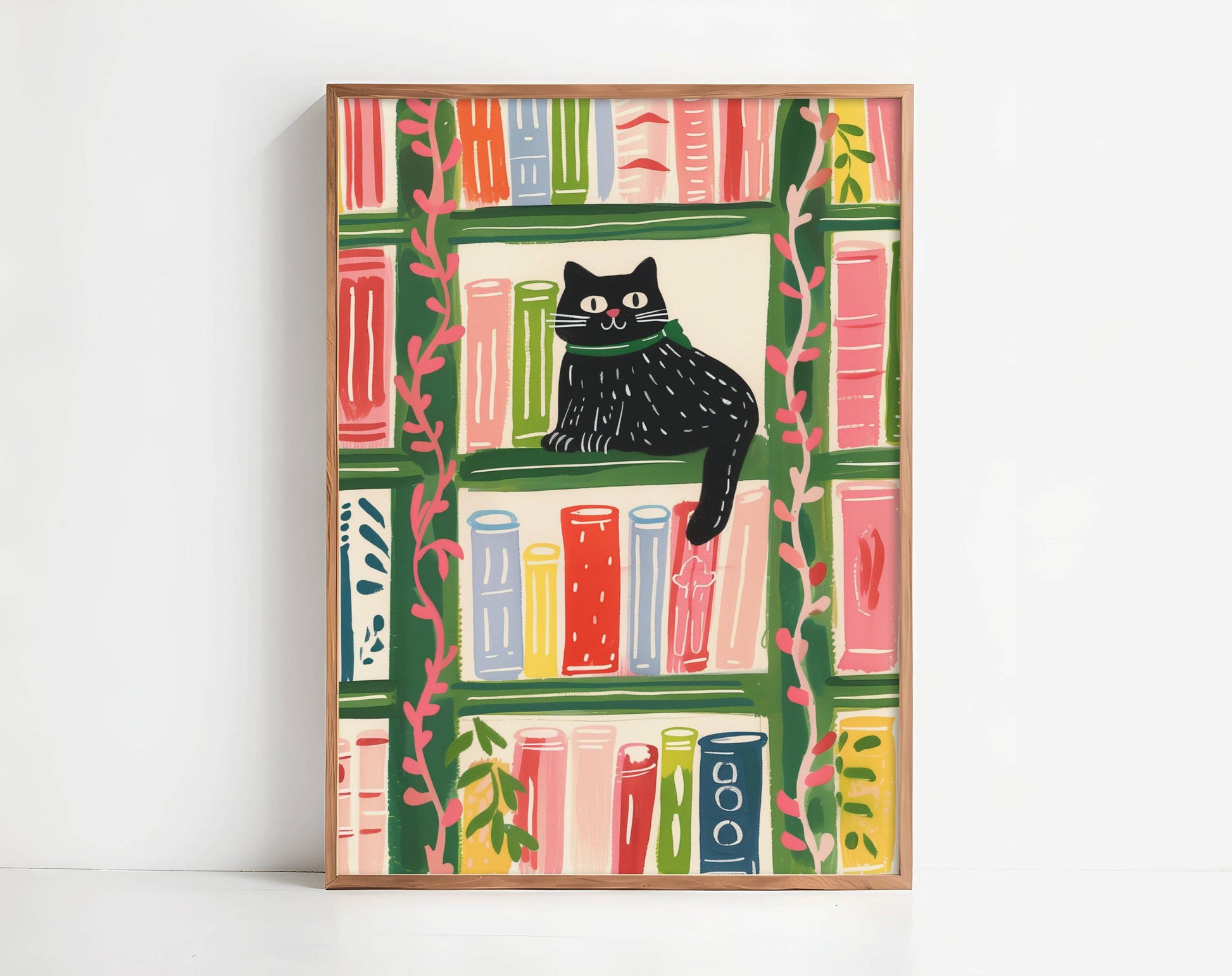 Affiche chat noir sur la bibliothèque – illustration colorée et cosy – déco murale chat et bibliothèque vintage - idée cadeau fête des mères