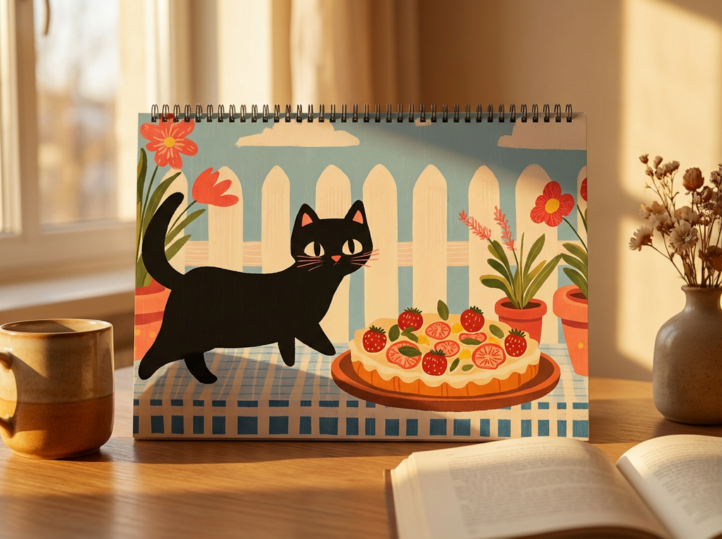 Calendrier chat 2026 "Le chat noir en cuisine" - calendrier amoureux des chats -décoration murale - style cottagecore - calendrier chat noir