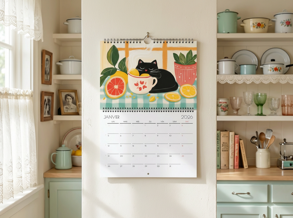 Calendrier chat 2026 "Le chat noir en cuisine" - calendrier amoureux des chats -décoration murale - style cottagecore - calendrier chat noir