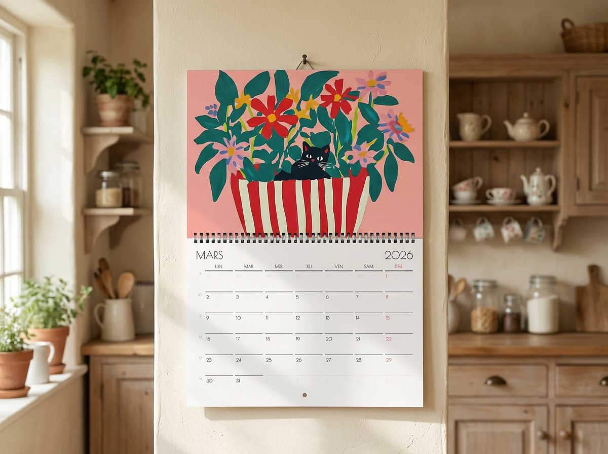 Calendrier chat 2026 "Les Chats en Fleur" - calendrier amoureux des chats noirs  - Design floral unique - calendrier chat - chat noir