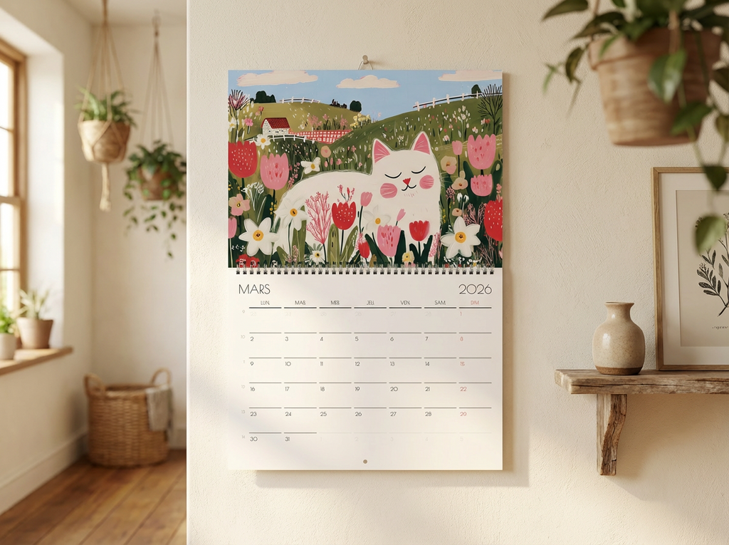 Calendrier 2026 - Calendrier amoureux des chats 2026 "Le manège des chats" - décoration murale  - style cottagecore idée cadeau