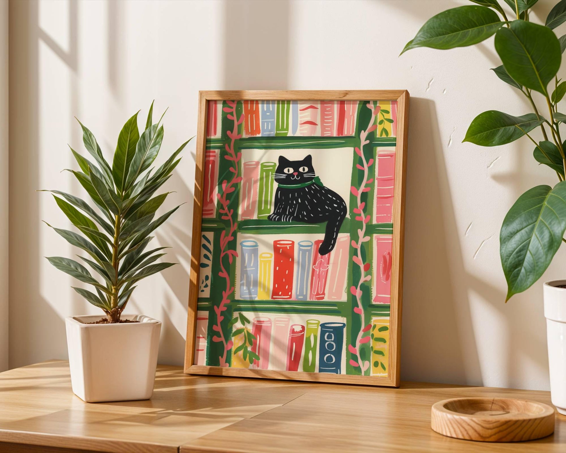 Affiche chat noir sur la bibliothèque – illustration colorée et cosy – déco murale chat et bibliothèque vintage - idée cadeau fête des mères