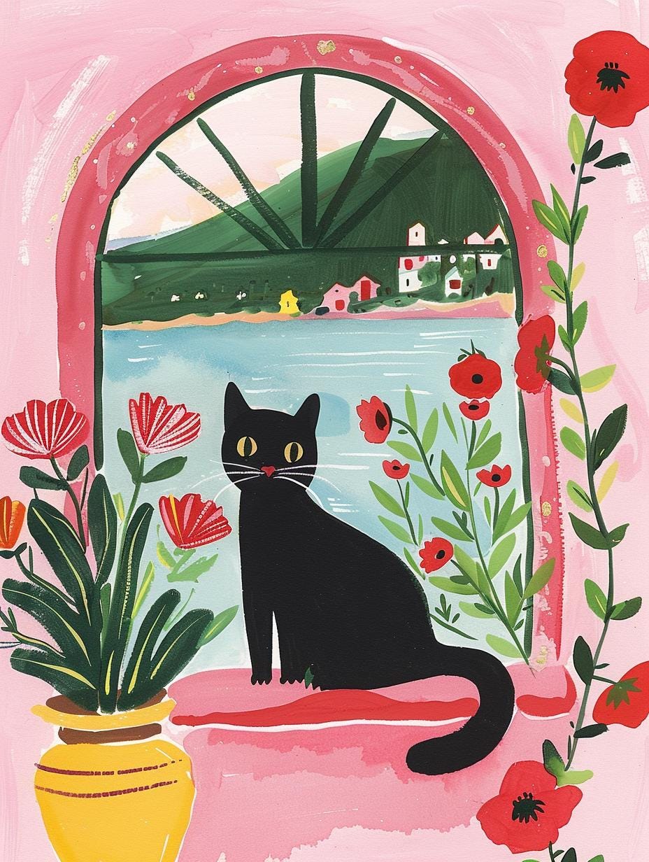 Affiche chat noir et coquelicots – illustration poétique florale – déco murale chambre ou salon - idée cadeau amoureux des chats