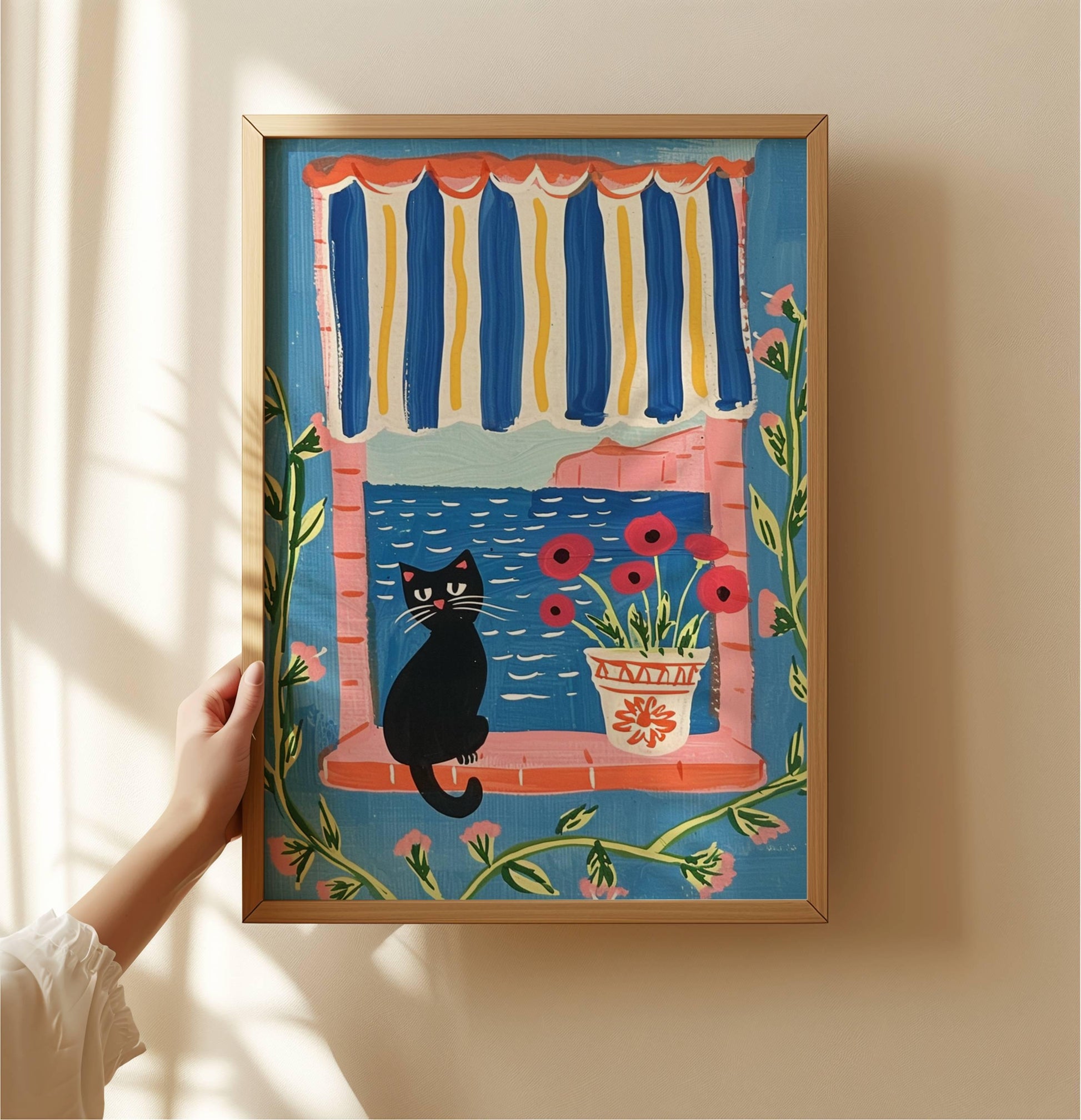 Illustration chat noir et Méditerranée – affiche féline – art mural poétique – déco murale chambre ou salon - idée cadeau amoureux des chats