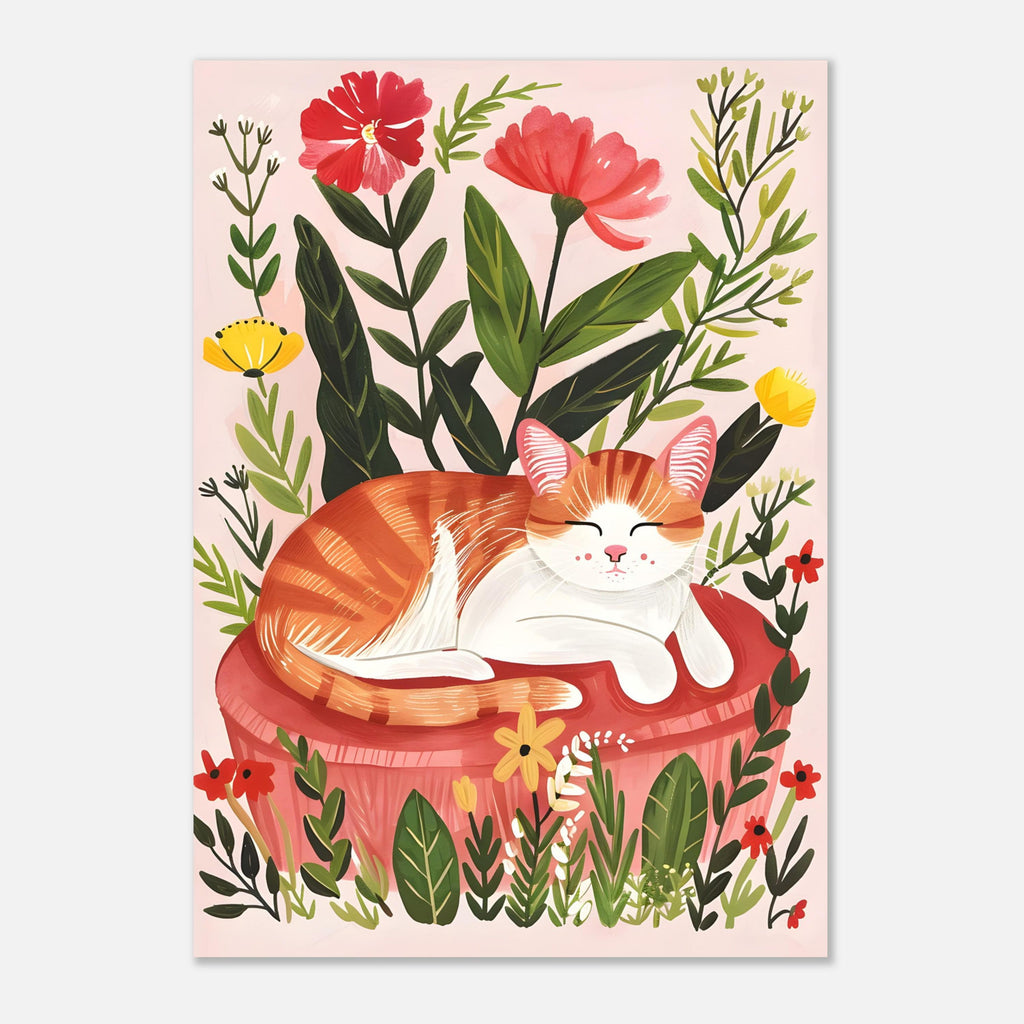 Illustration Le chat roux – Décoration murale florale avec un chat rêveur et un paysage naturel chaleureux – « Le jardin rêveur du chat roux » – Papier haut de gamme