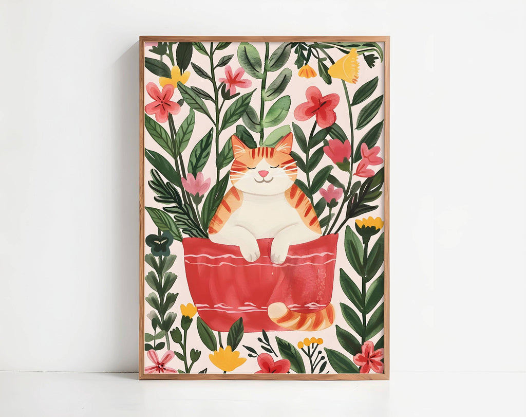 Affiche chat roux  – "Le jardin rêveur du chat roux" – Illustration poétique printanière