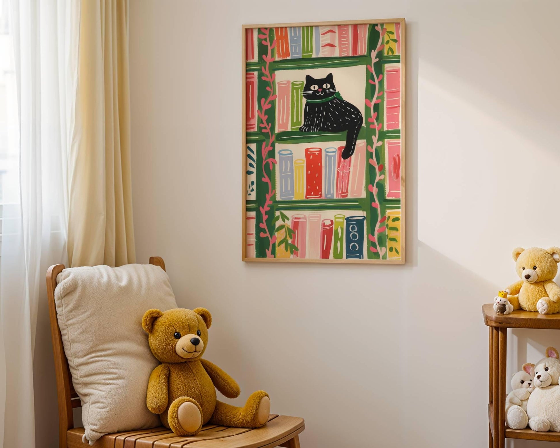 Affiche chat noir sur la bibliothèque – illustration colorée et cosy – déco murale chat et bibliothèque vintage - idée cadeau fête des mères