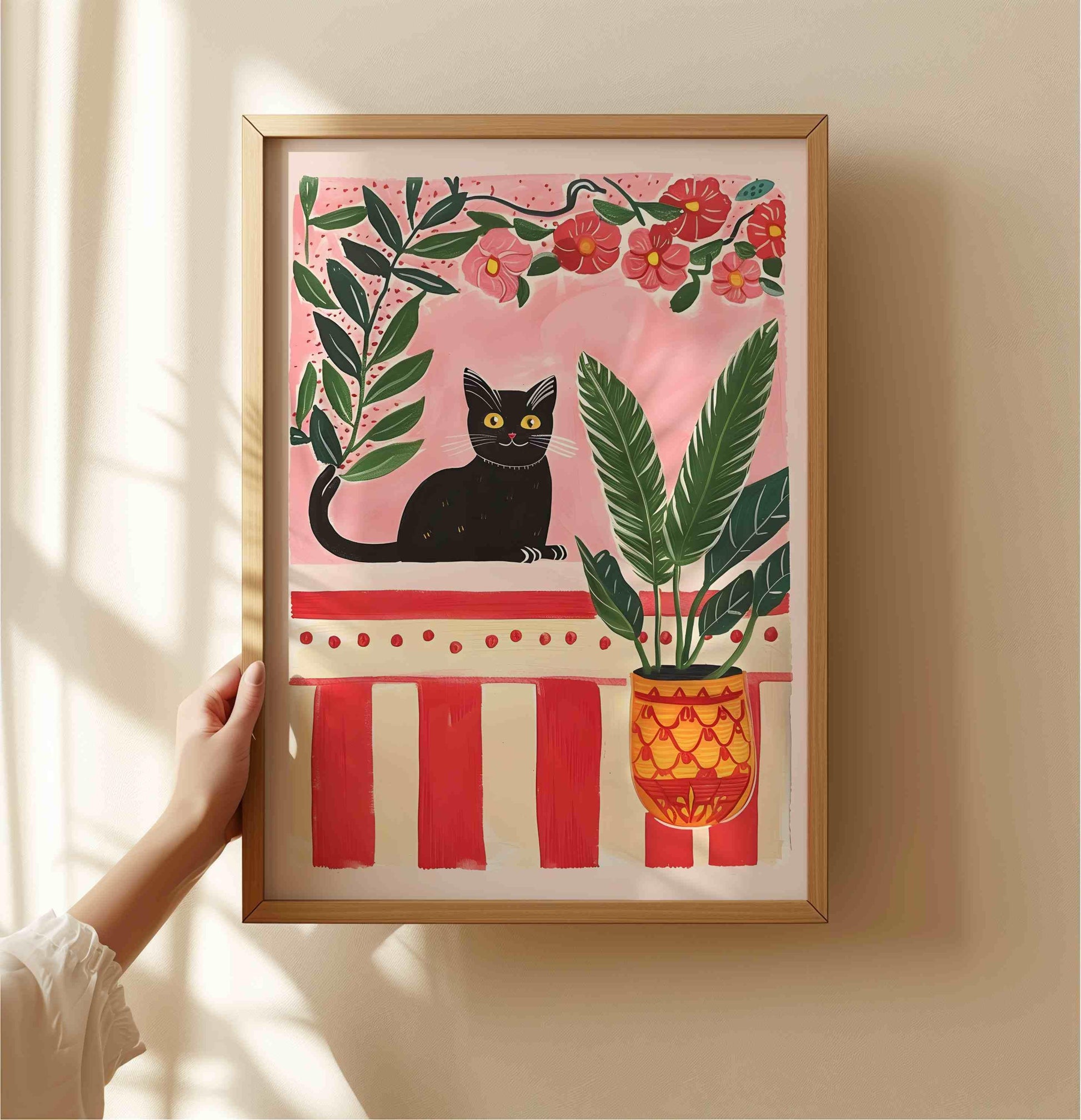 Affiche chat noir mystérieux – illustration chat noir dans un jardin secret – art mural vintage poétique – déco murale chambre ou salon