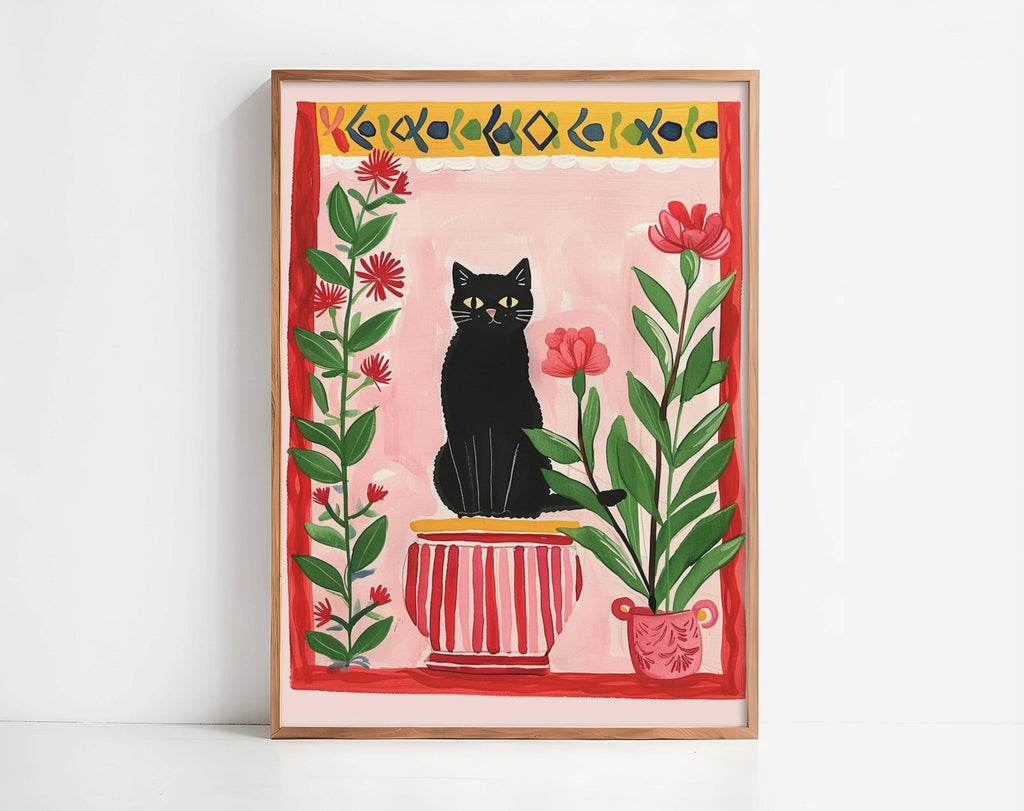Illustration d'un chat noir dans le jardin – Impression artistique poétique représentant un chat et des fleurs – Décoration murale chaleureuse – Papier de qualité supérieure