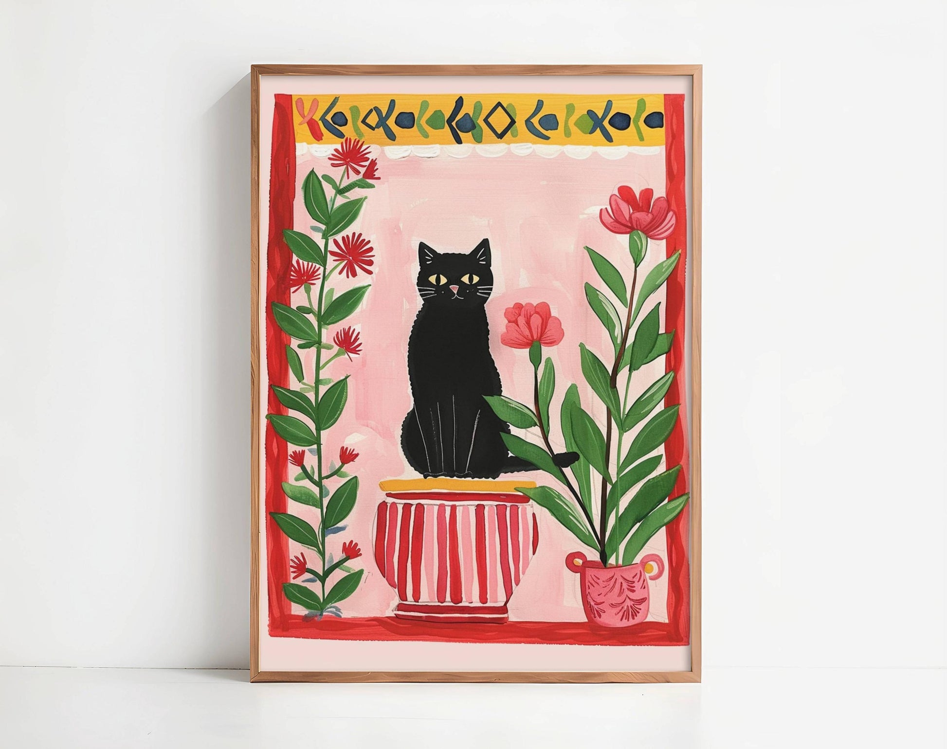 Illustration d'un chat noir dans le jardin – Impression artistique poétique représentant un chat et des fleurs – Décoration murale chaleureuse – Papier de qualité supérieure
