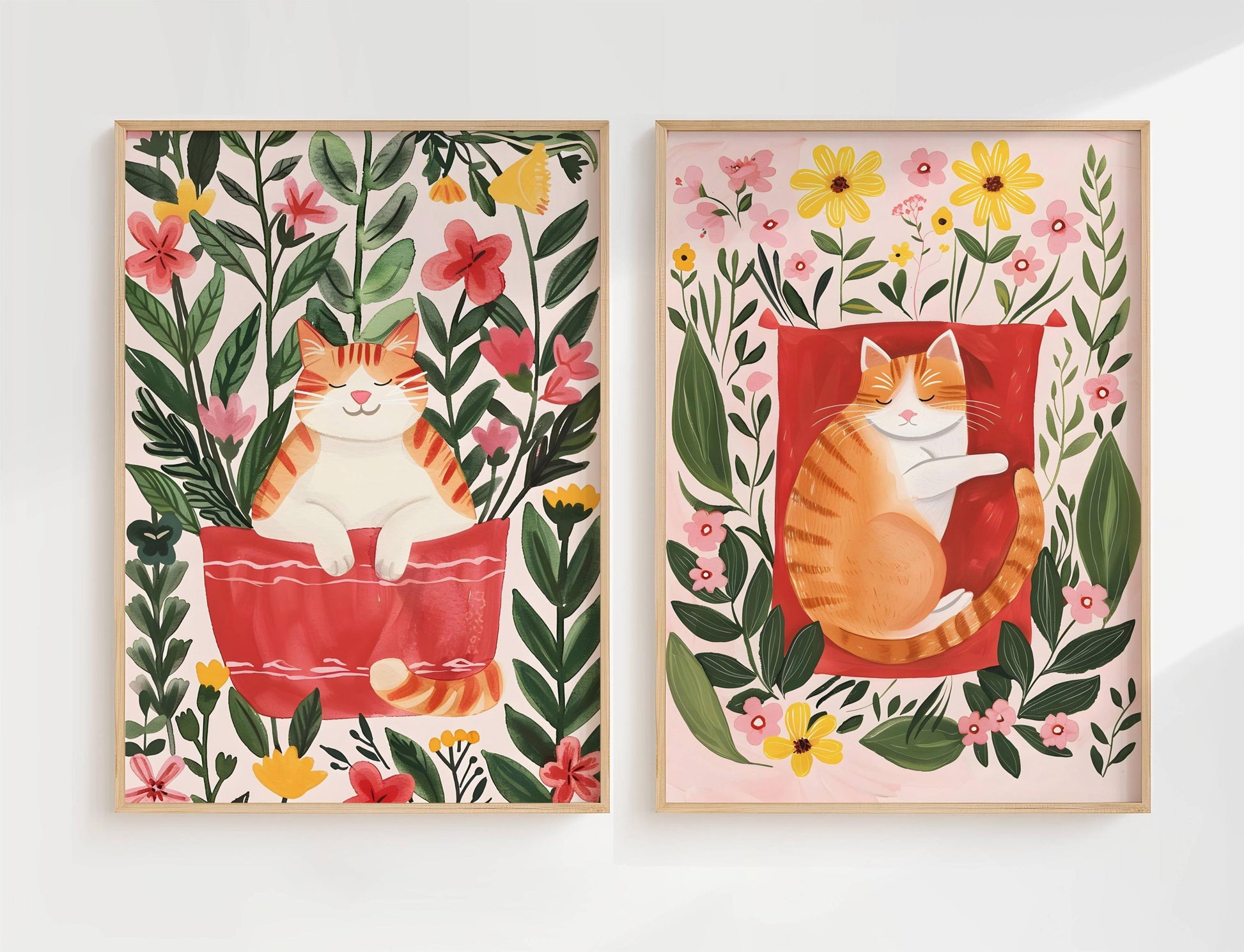 Lot 2 affiches chat roux et fleurs – duo d’illustrations poétiques vintage – art mural floral cosy – déco murale chambre ou salon