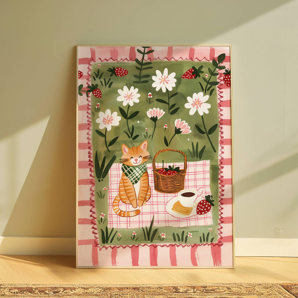 Affiche chat roux – Illustration pique-nique au jardin – déco murale cuisine ou chambre – art mural poétique printanier - Papier premium