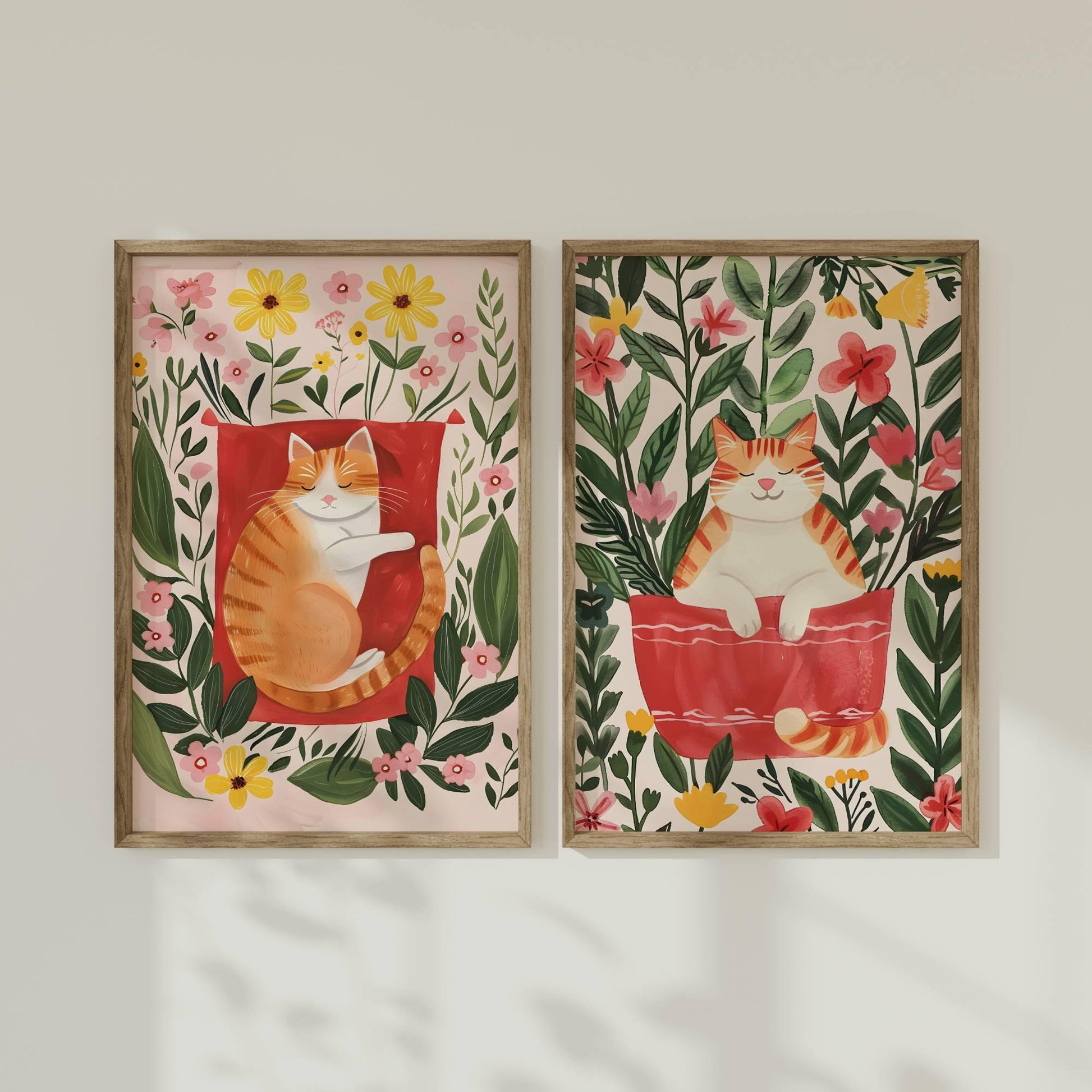 Lot 2 affiches chat roux et fleurs – duo d’illustrations poétiques vintage – art mural floral cosy – déco murale chambre ou salon