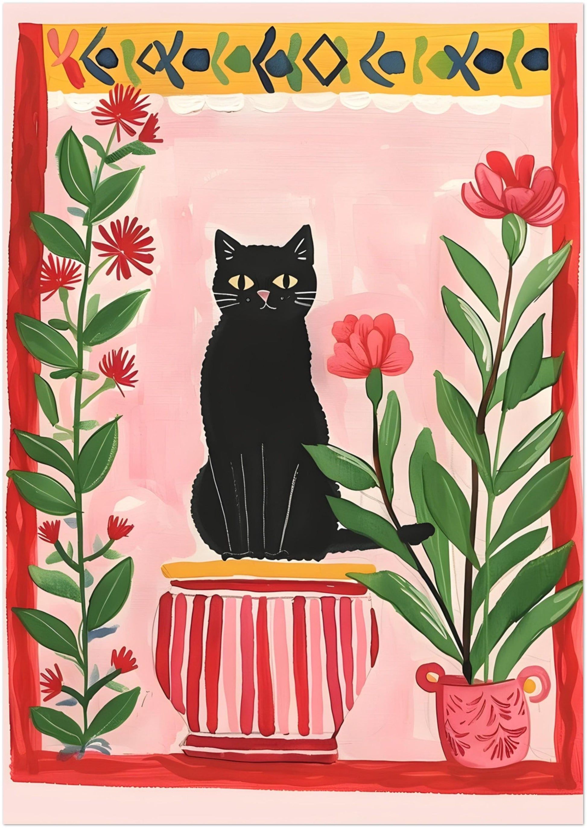 Illustration d'un chat noir dans le jardin – Impression artistique poétique représentant un chat et des fleurs – Décoration murale chaleureuse – Papier de qualité supérieure