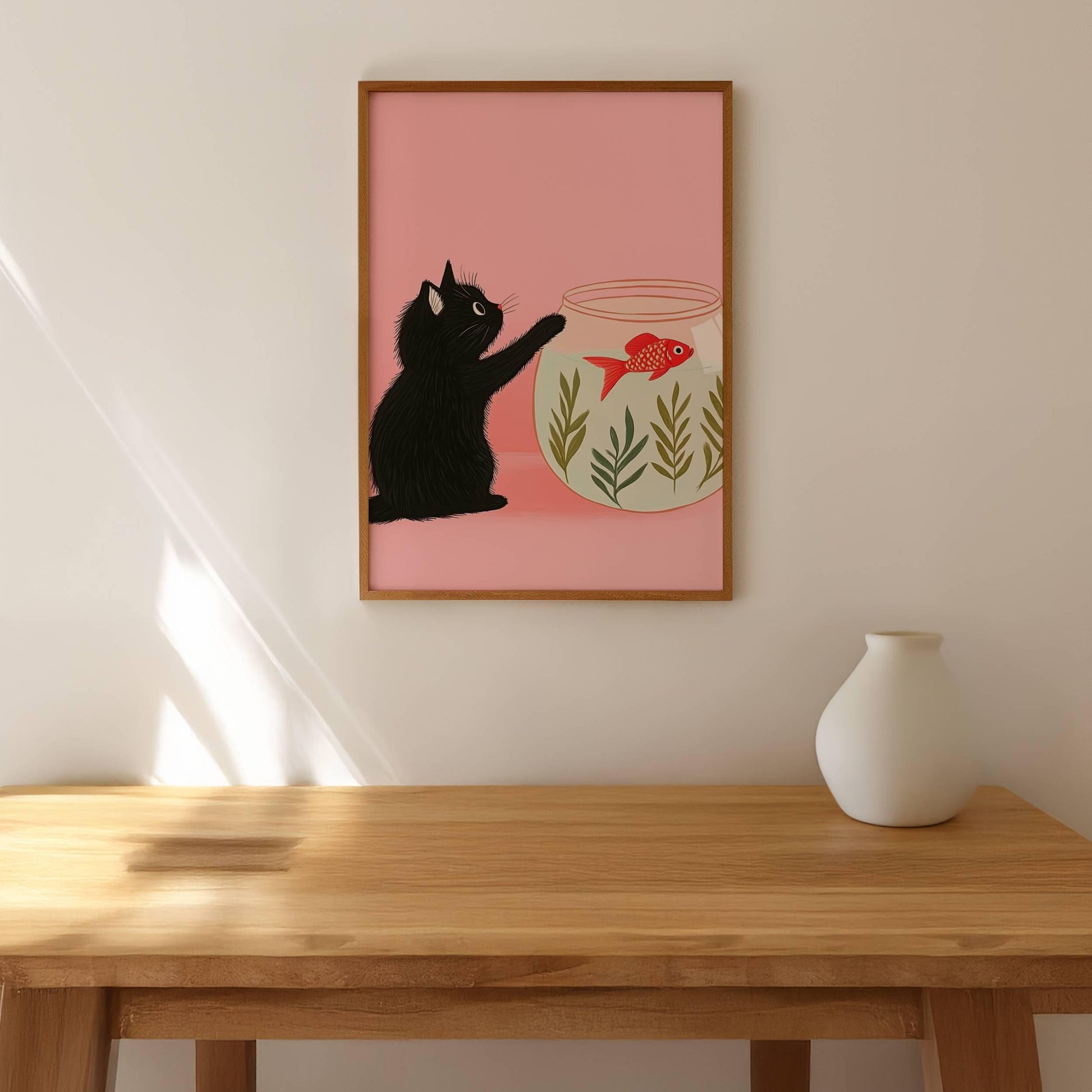 affiche chat noir et poisson rouge – illustration chat noir rose minimaliste, déco murale mignonne, art félin, idée  cadeau - papier premium