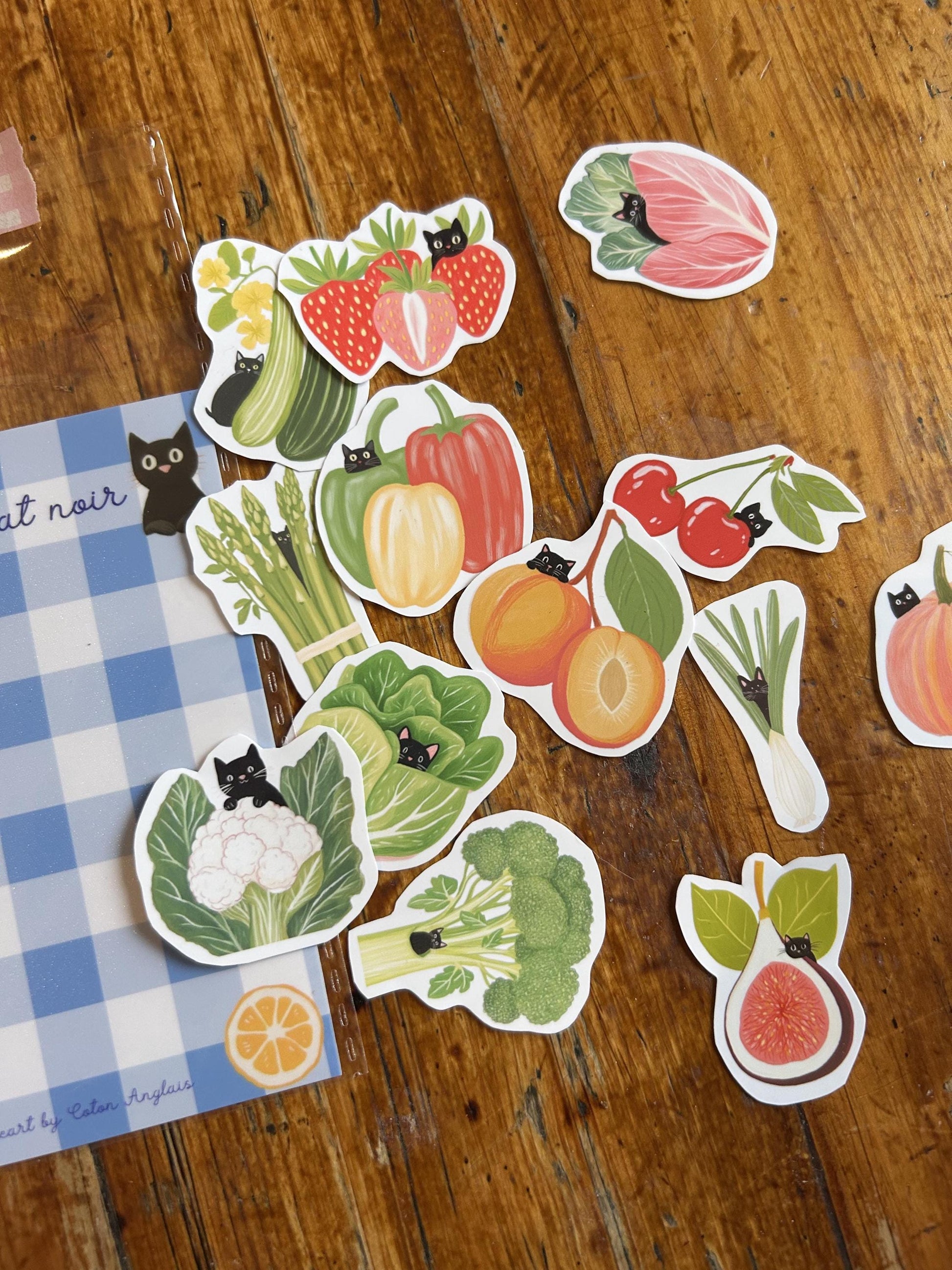 Stickers "Le verger du chat noir" - stickers Chat Noir & Fruits et Légumes – Pack de 13 Stickers vinyle