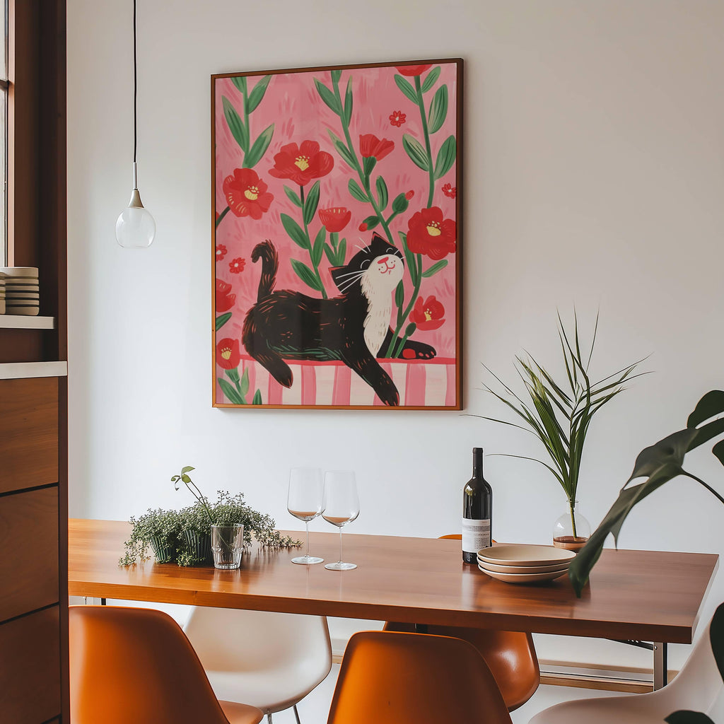 Affiche chat noir – illustration chat noir dans champ de coquelicots – art mural poétique – déco murale chambre ou salon - Papier premium