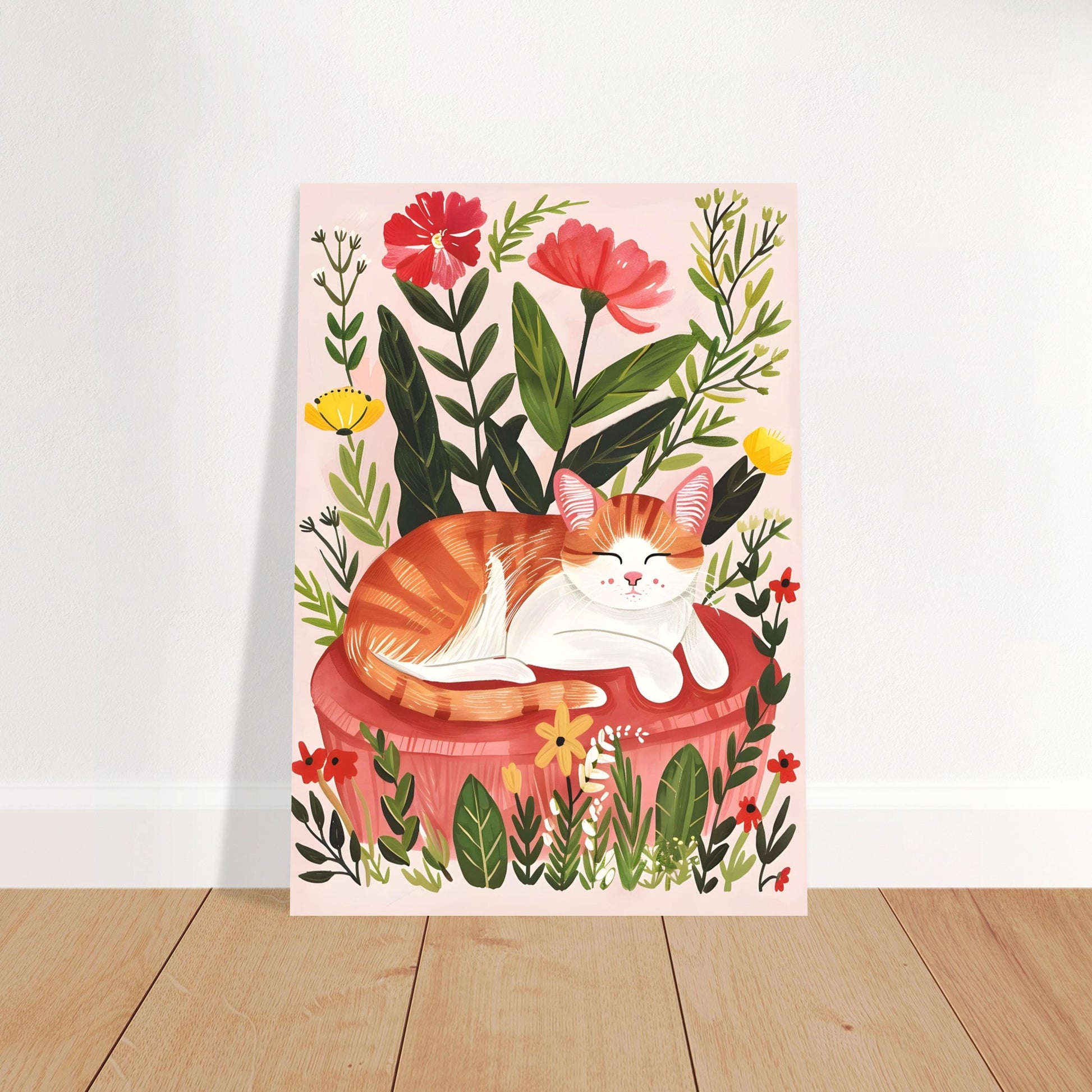 Illustration Le chat roux – Décoration murale florale avec un chat rêveur et un paysage naturel chaleureux – « Le jardin rêveur du chat roux » – Papier haut de gamme