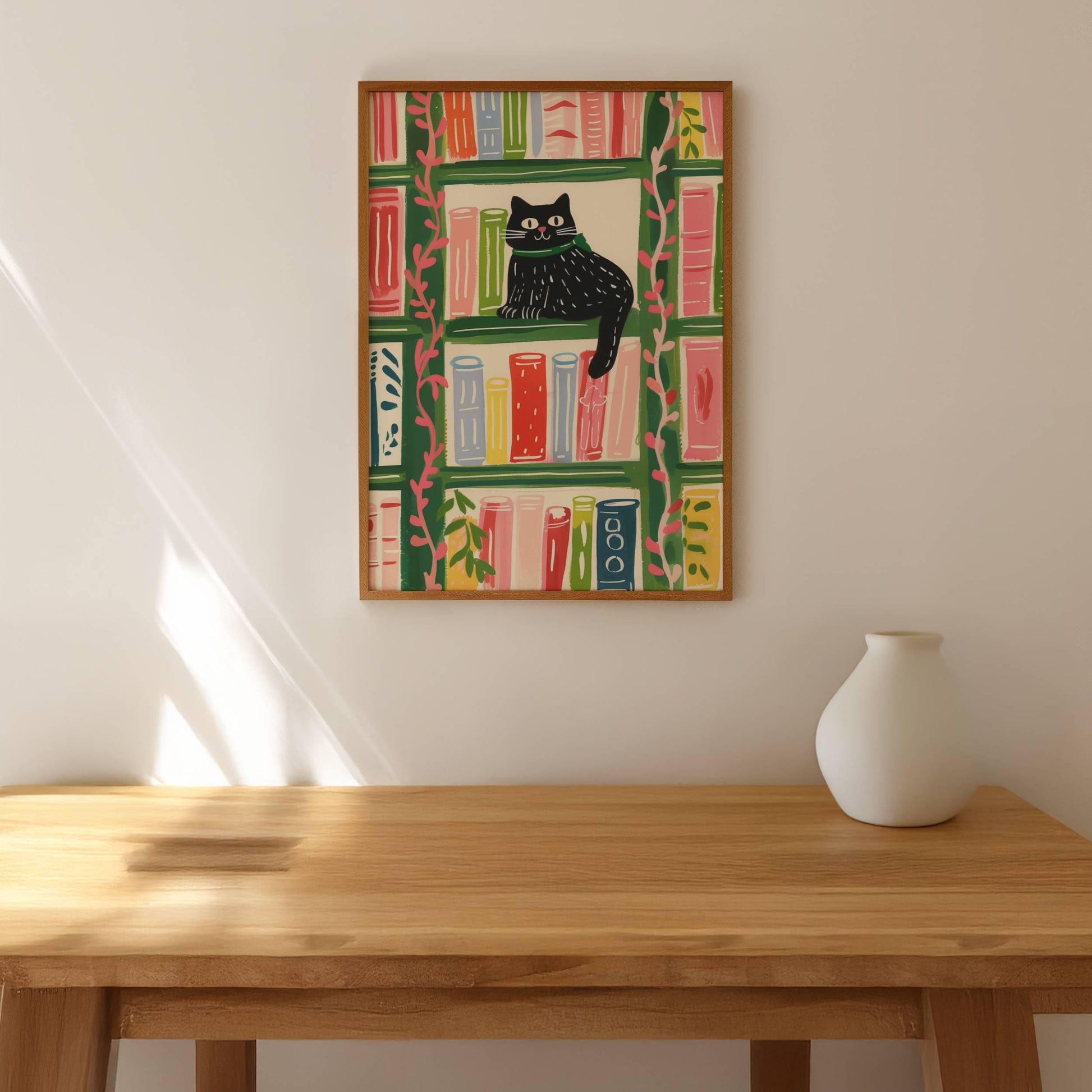 Affiche chat noir sur la bibliothèque – illustration colorée et cosy – déco murale chat et bibliothèque vintage - idée cadeau fête des mères