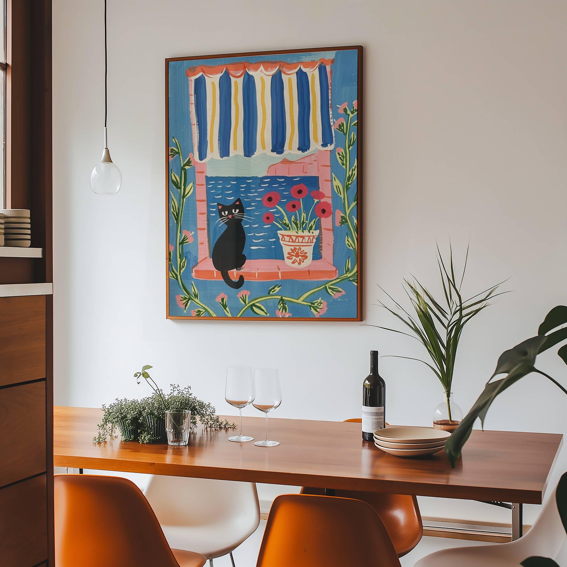 Illustration chat noir et Méditerranée – affiche féline – art mural poétique – déco murale chambre ou salon - idée cadeau amoureux des chats