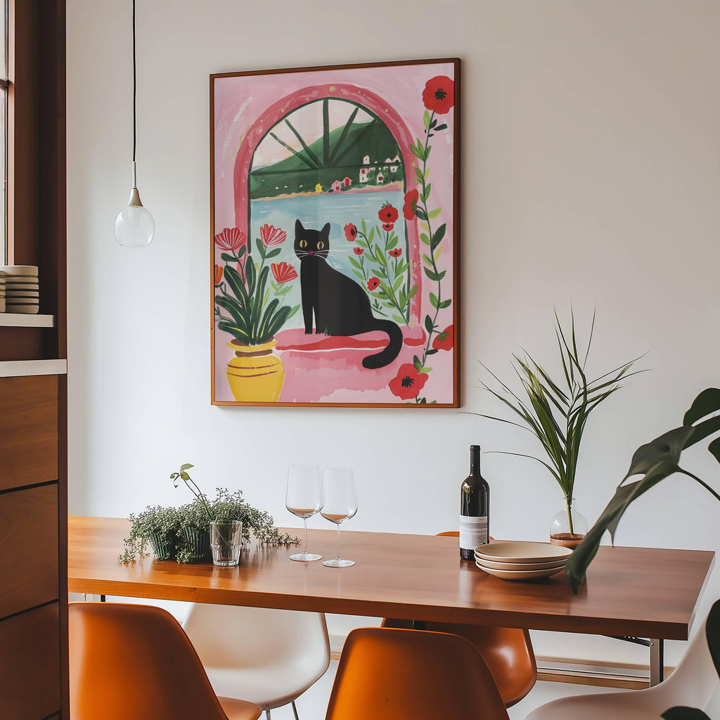 Affiche chat noir et coquelicots – illustration poétique florale – déco murale chambre ou salon - idée cadeau amoureux des chats