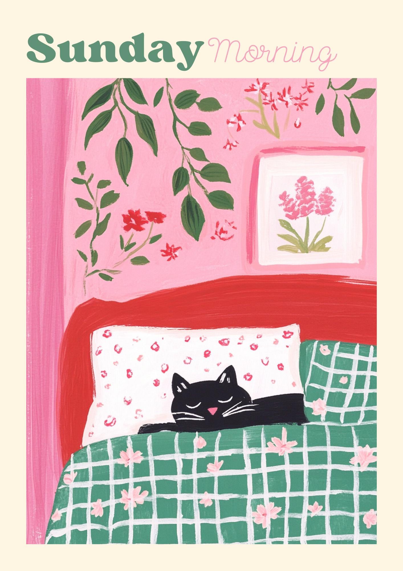 Affiche chat noir humoristique – collection "Dimanche matin" – Illustration chat poétique
