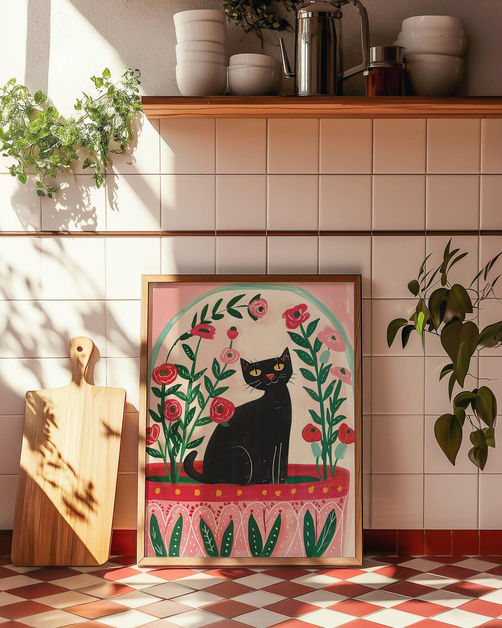 Illustration chat noir et coquelicots – illustration poétique florale – déco murale chambre ou salon - idée cadeau amoureux des chats
