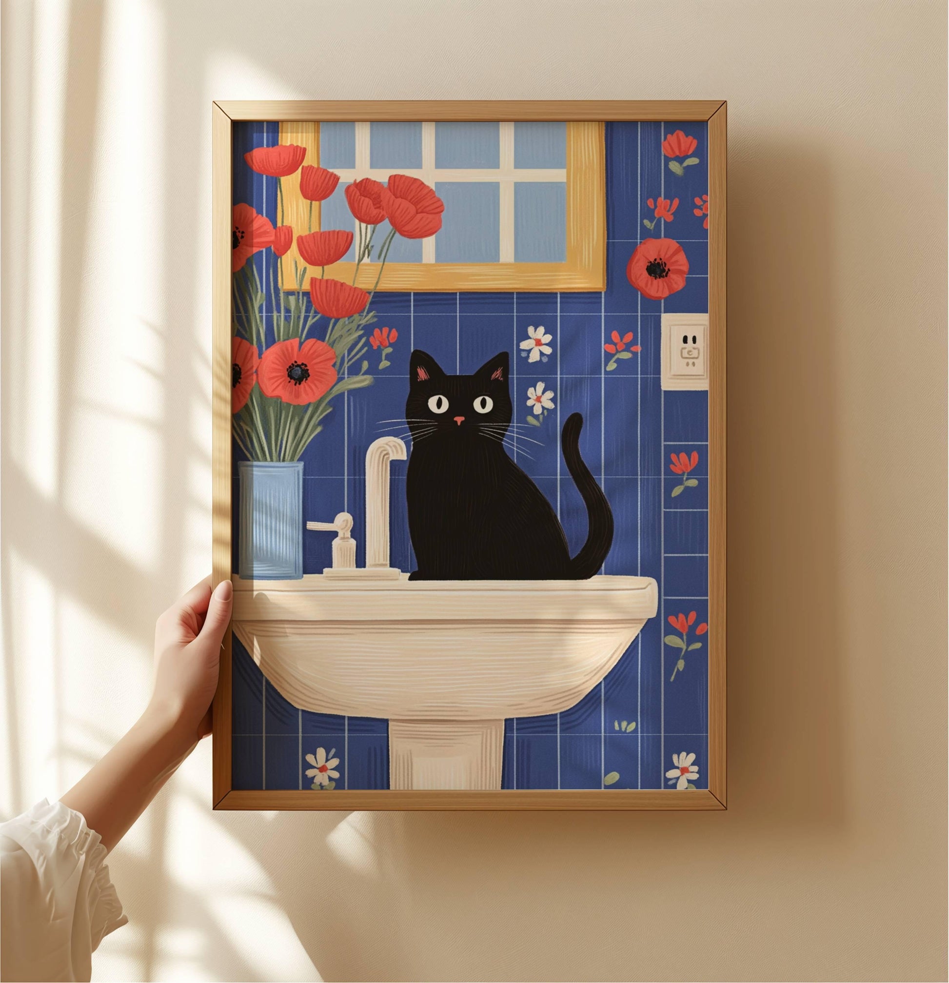 Illustration chat noir bain vintage – affiche poétique salle de bain – art mural humoristique – idée cadeau amoureux des chats