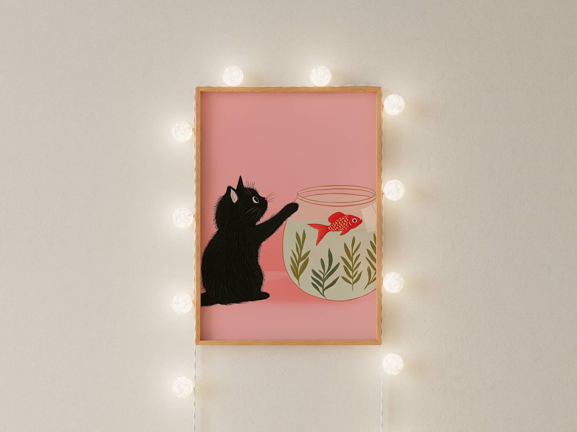 affiche chat noir et poisson rouge – illustration chat noir rose minimaliste, déco murale mignonne, art félin, idée  cadeau - papier premium
