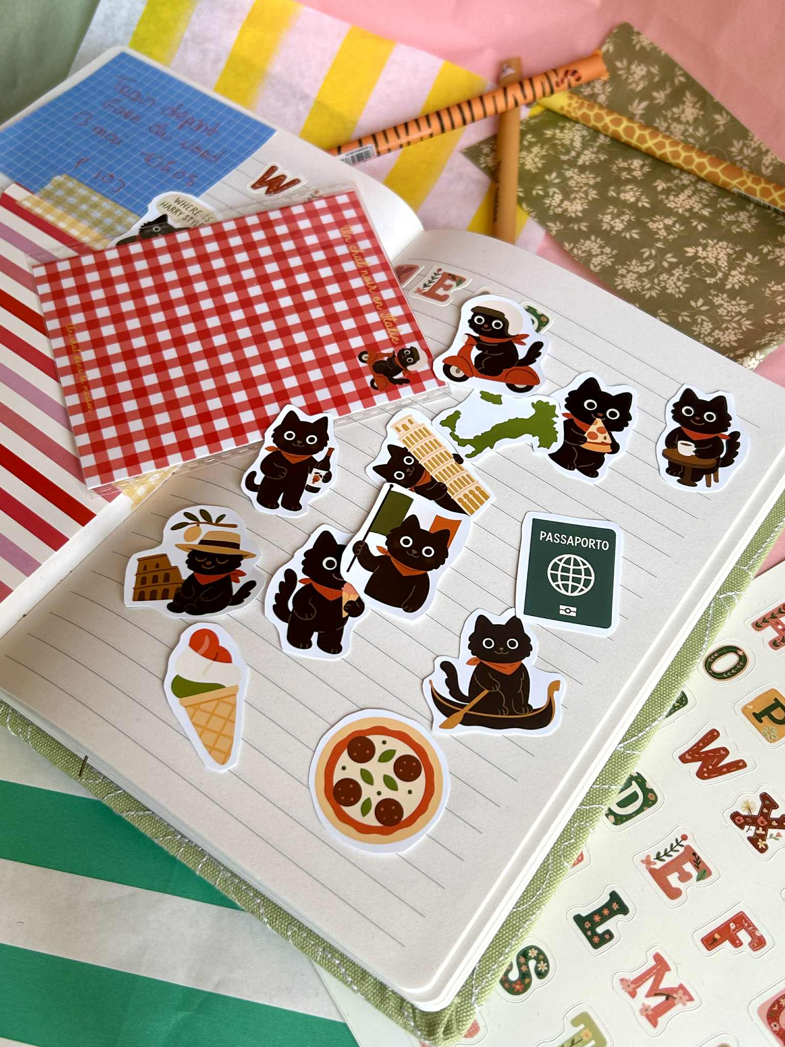 Stickers journaling  "Un chat noir en Italie" - stickers Chat Noir en Italie – Pack de 14 Stickers vinyle - scrapbooking - junk journal