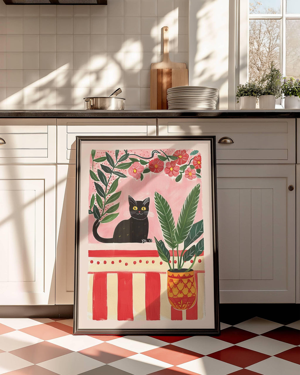 Affiche chat noir mystérieux – illustration chat noir dans un jardin secret – art mural vintage poétique – déco murale chambre ou salon