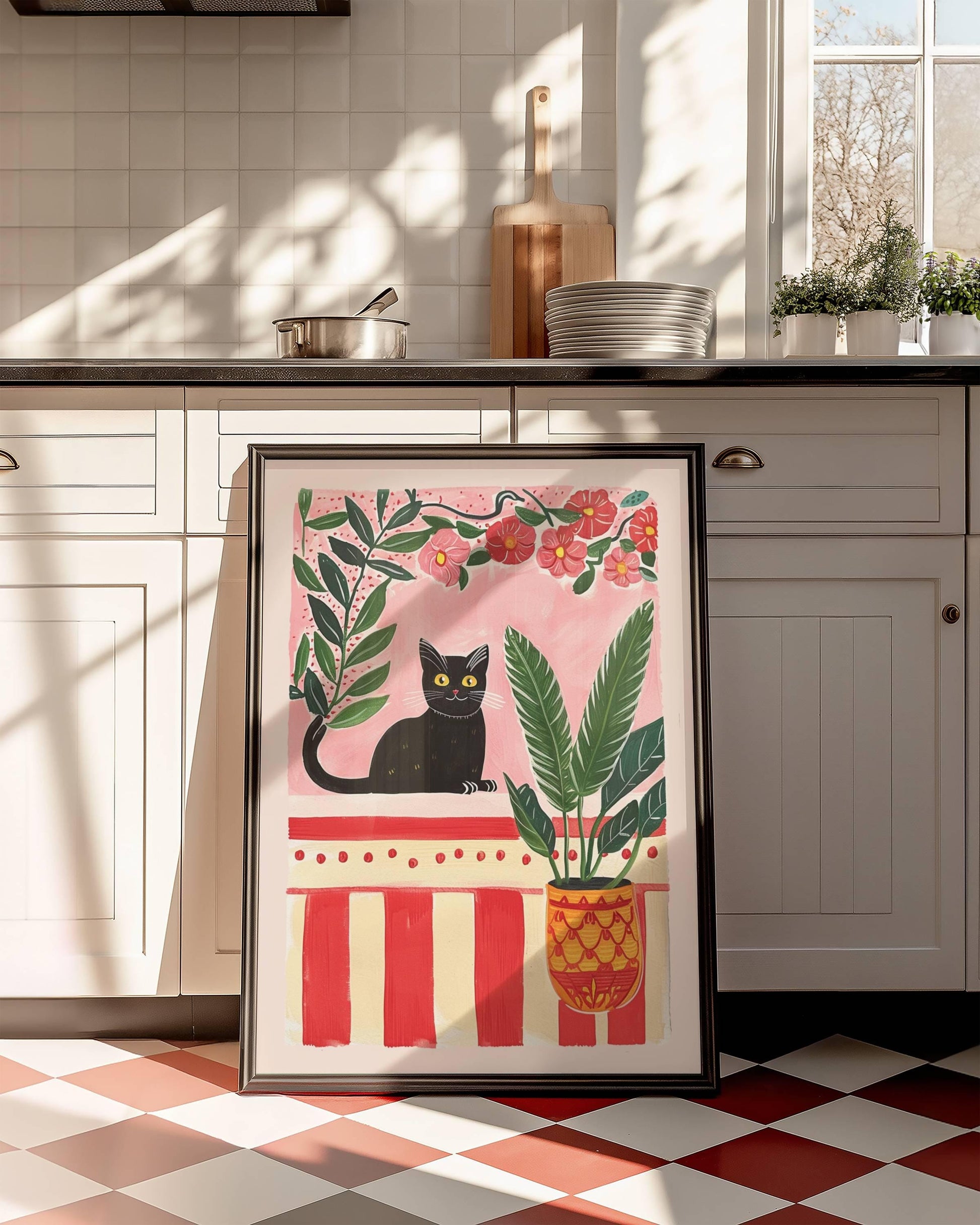 Affiche chat noir mystérieux – illustration chat noir dans un jardin secret – art mural vintage poétique – déco murale chambre ou salon