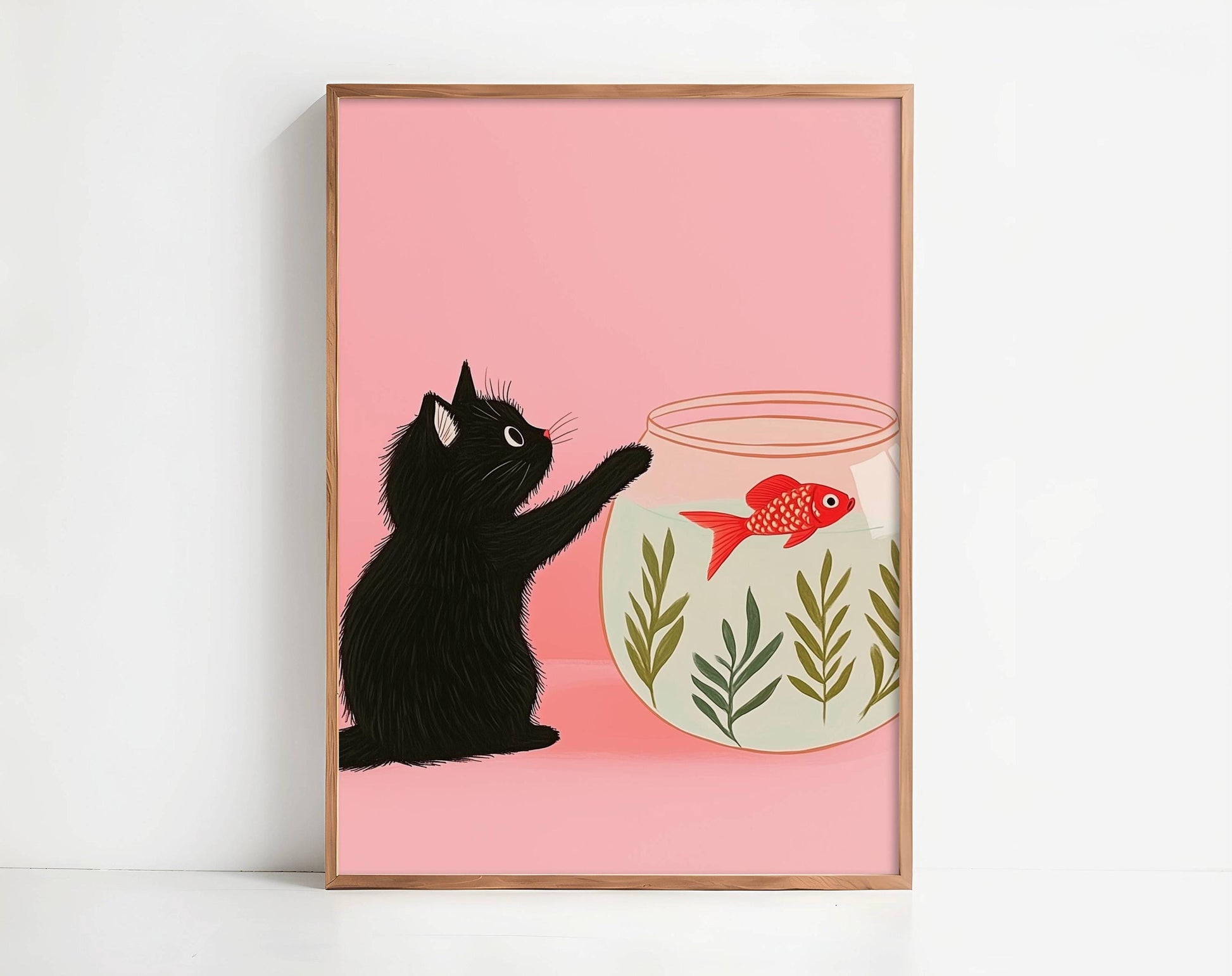 affiche chat noir et poisson rouge – illustration chat noir rose minimaliste, déco murale mignonne, art félin, idée  cadeau - papier premium