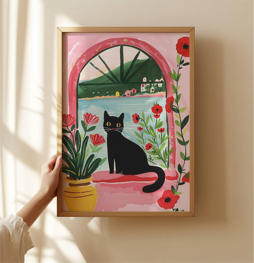 Affiche chat noir et coquelicots – illustration poétique florale – déco murale chambre ou salon - idée cadeau amoureux des chats