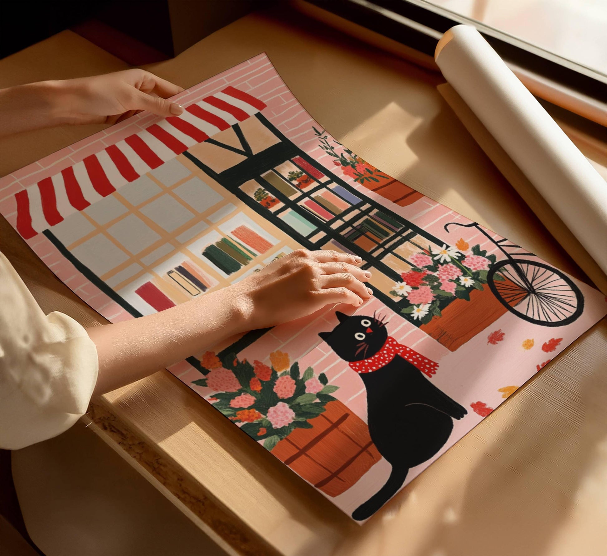 Illustration chat noir – Affiche chat noir devant une librairie à Brooklyn – art mural vintage poétique – déco murale chambre ou salon