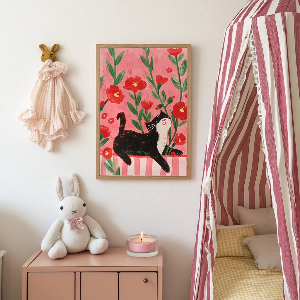 Affiche chat noir – illustration chat noir dans champ de coquelicots – art mural poétique – déco murale chambre ou salon - Papier premium