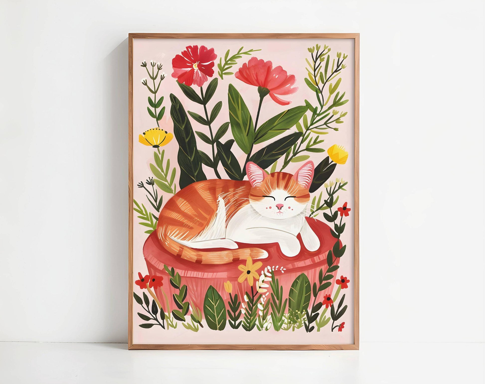 Illustration Le chat roux – Décoration murale florale avec un chat rêveur et un paysage naturel chaleureux – « Le jardin rêveur du chat roux » – Papier haut de gamme